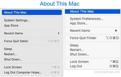 Two About This Mac selectors on different versions of macOS.