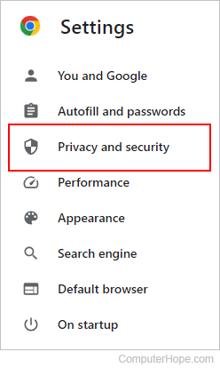 Privacy and security selector in Chrome.