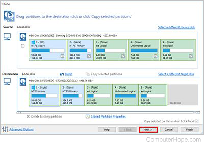 Source partitions are displayed in the destination disk. Click Next.