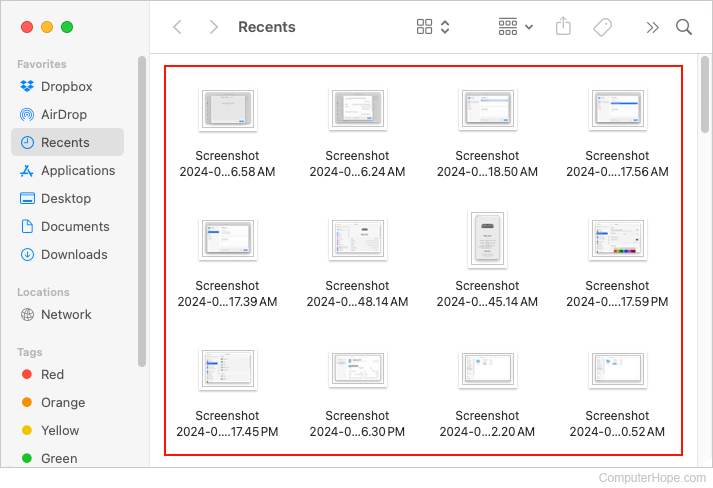 Contents of the Recents folder in macOS.