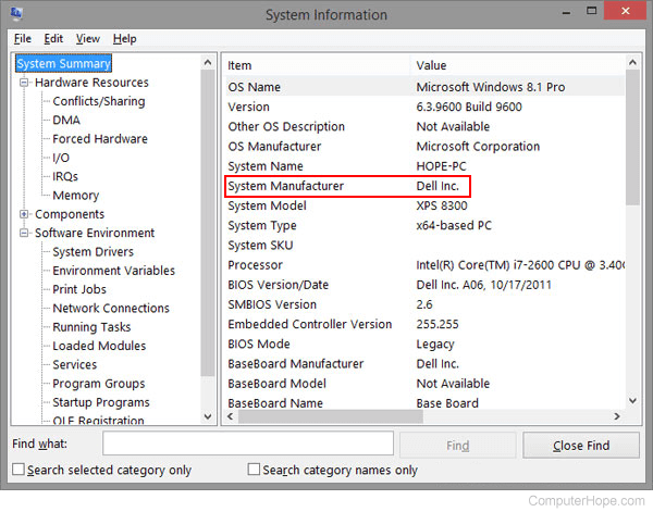 System Manufacturer entry in the Windows System Information window.