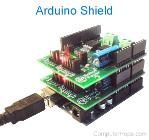 Arduino shield PCB (printed circuit board) connected on top of an Arduino device.