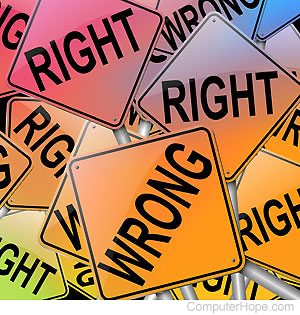 Yellow, orange, red, and green traffic signs with word Right or Wrong.