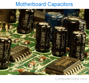 Capacitors on a motherboard.