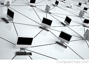 Multiple connected computers, representing a network.