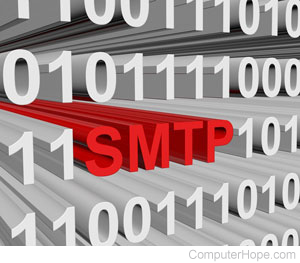 SMTP in red lettering, surrounded by binary code.