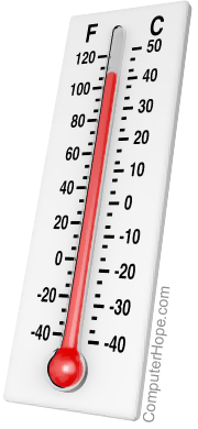 Thermometer showing 40 degrees Celsius.