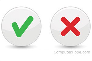 Two white circles, one with green check mark inside, one with red x inside