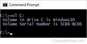Output of the vol command executed in the Windows 10 command prompt