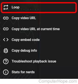 Option to loop a video in YouTube video right-click menu.